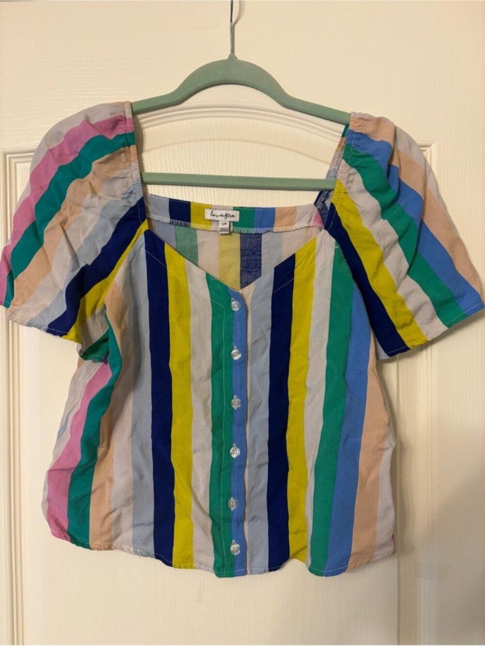 Loveappella Multicolor Vertical Stripe Button-Front Top - Green/Blue/Yellow/Pink